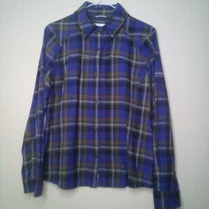 Columbia Shirt Button Up L Women Long Sleeve Omni-Shade Pockets Plaid Blue Green